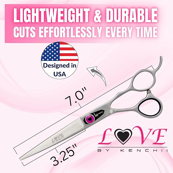 Kenchii Love Dog Grooming Scissors, 7 Inch Straight Shears, Dog Scissors for Grooming, Professional Pet Grooming Scissors, Ergonomic & Comfortable