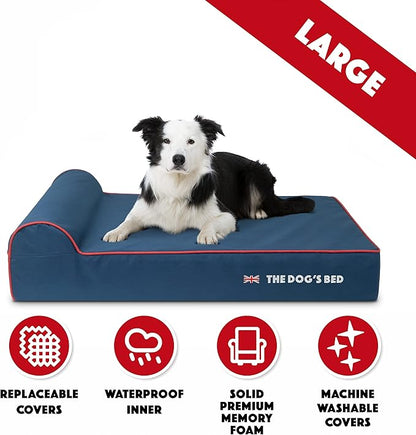 The Dog’s Bed Orthopedic Headrest Dog Bed Large Blue Oxford with Red Trim UK Flag Dog Bed, Memory Foam, Hip & Elbow Dysplasia, Post Surgery, Waterproof Washable Cover, Veterinary Approved