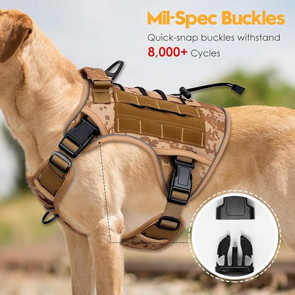 Heavy-Duty Tactical Dog Harness for Large Dogs, No Pull Adjustable Reflective Pet Vest with Molle System, K9 Military-Grade Control for Service Training, Outdoor & 10+ Breeds, Khaki Camo, Large