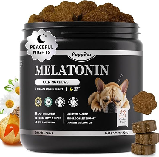 POPPAW Melatonin for Dogs, Calming Chews with Valerian Root & L-Theanine for Sleep Aid & Emotional Support, Calming Treats for Stress Anxiety Relief, Thunder, Fireworks, Barking, Chicken Flavor, 90Ct