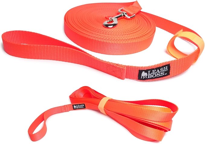 Leash Boss Long Trainer - 1 Inch Nylon Long Dog Training Leash with Storage Strap (50 Ft, Orange)