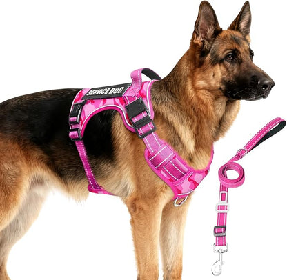 MOOGROU Tactical Service Dog Vest and Leash Set,Heavy Duty No Pull Dog Harness and 10 Patches with Dog Seat Belt for Large Dogs,Reflective Pet Harness for Training Walking Hiking Camo Pink XL