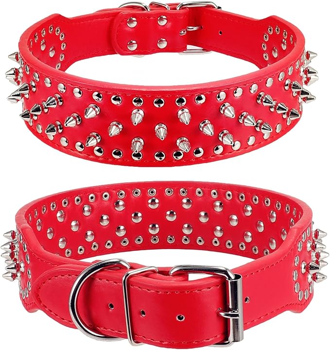 Hoot PU Leather Adjustable Spiked Studded Dog Collar 2" Wide 43 Spikes (L(Neck 21"-24"), Red)