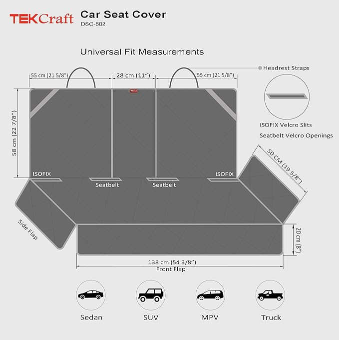TEKCraft Dog Car Seat Cover Pet Back seat Cover for Dogs Rear Seat Cover Backseat Protector Auto Bench Covers Waterproof Protectors Universal Accessories fit for Cars SUVs Trucks