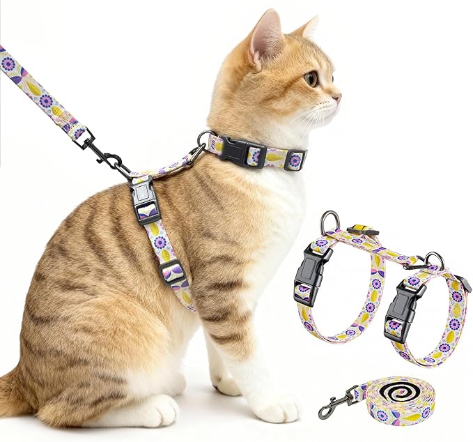 Halypet Cat Harness and Leash Set, Escape Proof 3-in-1 Adjustable Harness for Cats & Kitten, Soft Lightweight, Easy On & Control for Walking, Travel & Outdoor Use, Pastel Floral, Medium