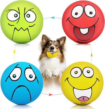 HDSX 4 Pack 2.8" Smiley Face Squeaky Dog Toys Soft Dog Balls Latex Rubber Squeak Dog Toys for Small Medium Puppy Pet Dogs (Flat Ball)