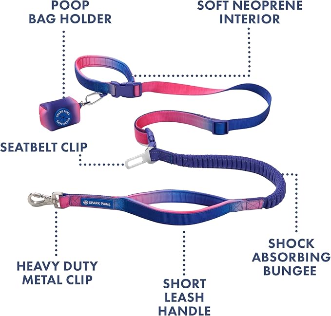 Spark Paws Handsfree Dog Leash – Shock Absorbing Waist Bungee Lead for Running, Car Seatbelt Clip & Poop Bag Set, Heavy Duty Tactical Lead for Medium, Large & X-Large Breeds - Snow Cone