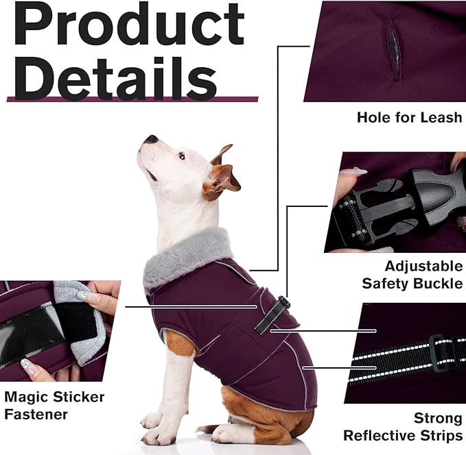 Lelepet Warm Dog Coat Waterproof Dog Jacket for Extra Large Dogs Reflective Fleece Vest with Adjustable Buckle Hook & Loop Windproof Cold Weather Coats for Small Medium Large Dogs, Dark Purple, XXXL