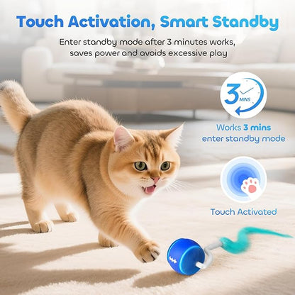 ddxcoo Automatic Interactive Cat Toy Ball for Indoor Cats, Carpet-Safe with Tangle-Free Tail, 3-Mode Touch Activated, Gen 3 High-Capacity 800mAh Battery (6-8H Play), Includes 2 Tails