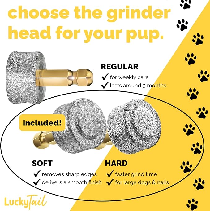 LUCKY TAIL - Dog Nail Grinder - Hard & Soft Replacement Heads - Small & Large Dogs - Premium Quality - Diamond Tip Drill Bit - Professional Dog Nail Trimmers - Grooming Tool kit - 2 Pack