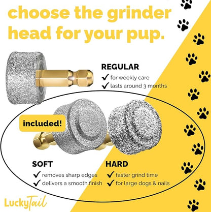 LUCKY TAIL - Dog Nail Grinder - Hard & Soft Replacement Heads - Small & Large Dogs - Premium Quality - Diamond Tip Drill Bit - Professional Dog Nail Trimmers - Grooming Tool kit - 2 Pack