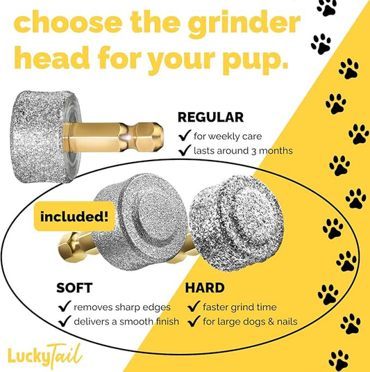 LUCKY TAIL - Dog Nail Grinder - Hard & Soft Replacement Heads - Small & Large Dogs - Premium Quality - Diamond Tip Drill Bit - Professional Dog Nail Trimmers - Grooming Tool kit - 2 Pack
