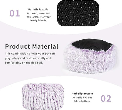 Calming Donut Dogs Beds for Small Dogs Washable,23inch Plush Round Pet Bed for Cozy Sleep,Fluffy Faux Fur Large Cat Bed,Fits up to 25 lbs Pets,Gradient Purple