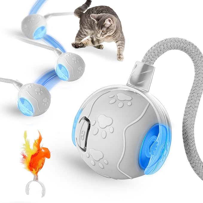 Maycserena Interactive Cat Toys for Indoor,Automatic Moving Electric Rolling Pet Ball,Smart Teasing Toy for Kitty,3 Modes and USB Rechargeable,Tail 2.0 Cat Feather Toy Gray