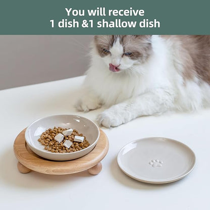 Havniva Raised Ceramic Wide Whisker Friendly Cat Dishes, Food&Water Bowl with 2 Style Stand Adjustable Pet Bowl Set(1Dish+1Shallow Dish+Stand
