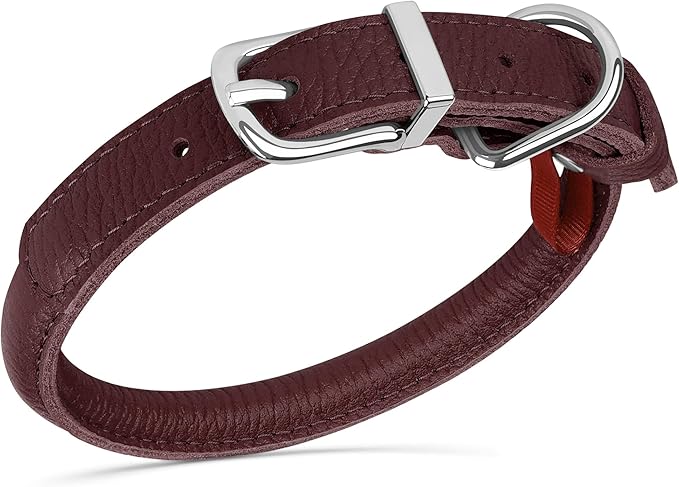 OOPSDOGGY Rolled Leather Dog Collar Soft Roll Collars for Small Medium Large Dogs Puppy (Burgundy, XS, 8"-11")