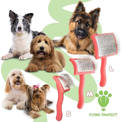 Pet Slicker Brush With Soft Massage Grooming Stainless Steel Pins - For Dematting, Shedding Fur, and Undercoat - Ideal Gift for Professional Pet Groomers - Long Slicker Brush (Coral, Curved Medium)