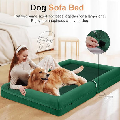 Large Dog Bed Orthopedic Washable: Jumbo Dog Bed Bolster Extra Large Dogs Egg Crate Foam Sofa Couch Waterproof Removable Cover - Emerald
