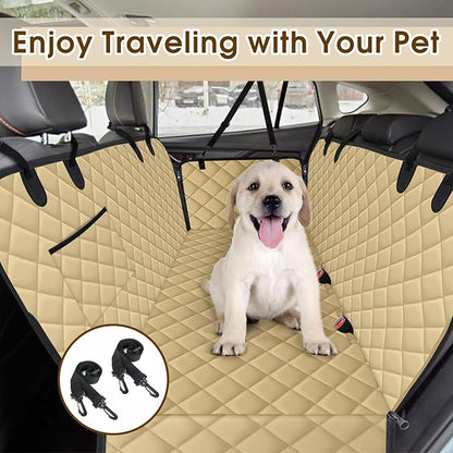 NECKORY Waterproof Dog Car Seat Cover for Back Seat - Durable, Scratch Proof Pet Hammock with Nonslip Design & Storage Pockets, Fits Cars, SUVs, Trucks - L, Khaki/Black