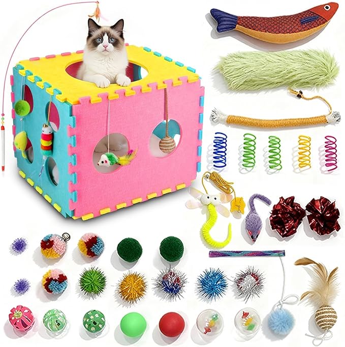 MOYMO 41 Pcs Interactive Cat Toys for Indoor Cats, Kitten Toys with Cute Cat House Bed, Catnip Toys, Chew Rope, Feather Wand, Springs and Balls for Indoor Kittens