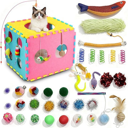 MOYMO 41 Pcs Interactive Cat Toys for Indoor Cats, Kitten Toys with Cute Cat House Bed, Catnip Toys, Chew Rope, Feather Wand, Springs and Balls for Indoor Kittens