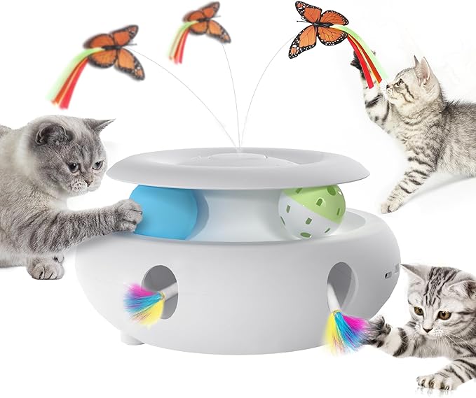 Scsuupoee Cat Toys,3-in-1 Interactive Cat Toys for Indoor Cats,Rechargeable Automatic Interactive Cat Toy with Fluttering Butterfly,Smart Sensor 6 Holes Mice Whack-A-Mole and Track Balls, White