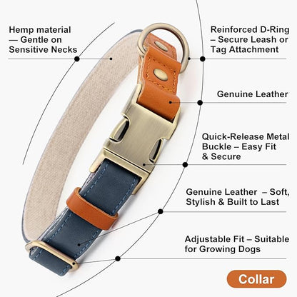 Plutus Pet Genuine Leather & Hemp Dog Collar – Adjustable Heavy Duty Pet Collar with Quick Release Metal Buckle, Soft & Stylish for Puppy and Small, Medium, Large Dogs (Blue, M)