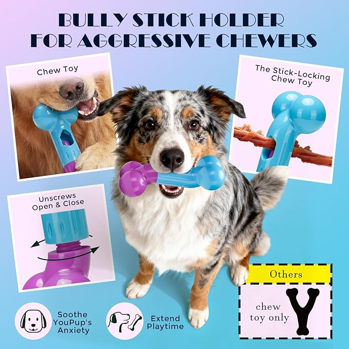 Apasiri Bully Stick Holder for Aggressive Chewers - Tough Dog Toy Prevent Choking and Free Up Your Hands, Bacon Flavored Nylon Chew Toy for Medium & Large Dogs to Keep Them Busy, Gift for Dogs, Pink