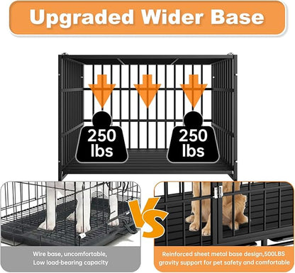 HMHTCT 42 Inch Heavy Duty Dog Crate with Wheels,Indestructible Escape-Proof Dog Kennel with Locking Latch and Double Door,Extra Large XL XXL Crate Indoor for Large and Medium Dog with Removable Tray