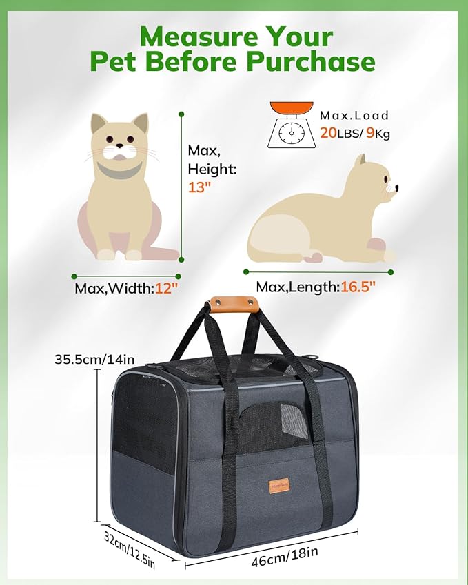 Morpilot Pet Travel Carrier Bag, Soft-Sided Dog Carrier Cat Carrier Pet Carrier, for Large Cats and Medium Puppies up to 25lbs, with Locking Safety Zippers, Foldable Bowl (Dark Gray)