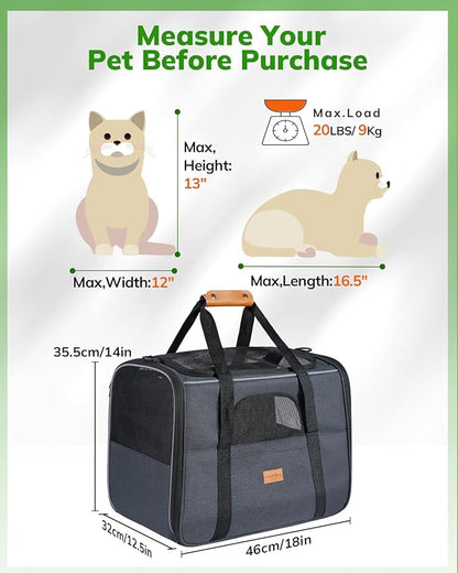 Morpilot Pet Travel Carrier Bag, Soft-Sided Dog Carrier Cat Carrier Pet Carrier, for Large Cats and Medium Puppies up to 25lbs, with Locking Safety Zippers, Foldable Bowl (Dark Gray)