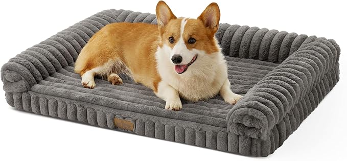 COZY KISS Cute Dog Bed for Medium Dogs, Faux Rabbit Fur Orthopedic Foam Dog Bed with Sides, Removable Washable Cover & Waterproof Lining, Comfortable Pet Couch, Grey (36" L x 27" W x 6.5" Th)