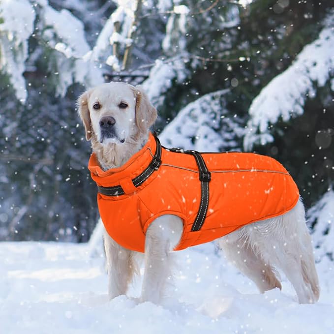 Lelepet Dog Winter Coat Waterproof Dog Jacket with Harness Built in Windproof Reflective Pet Coats for Small Medium Large Dogs, Thermal Fleece Lined Coats for Cold Weather Walking Hiking, Orange, L