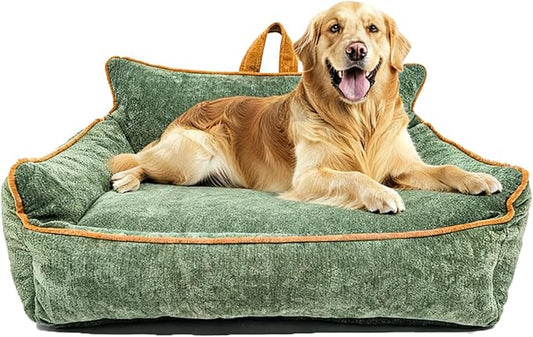 RAFASAFA Large Orthopedic Dog Sofa Bed with Sides, Carry Handle & Side Pockets .Plush Chenille Orthopedic Pet Bed Couch for Large Dogs.Portable Snuggler for Indoor Use, Travel & Recovery (Green)