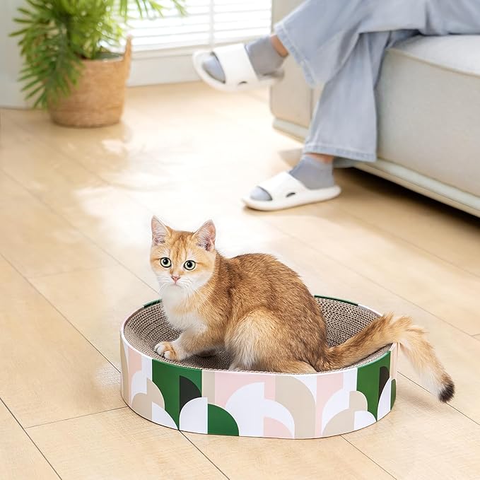 Conlun Cat Scratcher Cardboard,2 in 1 Oval Cat Scratch Pad Bowl for Indoor Kitty Grinding Claw,Round Kittens Scratching Board Corrugated Lounge Pet Beds&Furniture Protector for Couch&Carpets&Sofas
