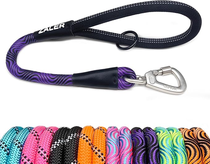 ZALER Short Dog Leash, 26 Inches Rope Traffic Leashes for Dogs, Reflective Dog Lead with O-Ring, Heavy Duty Pet Leash for Large and Medium Dogs (26'' Black Purple)