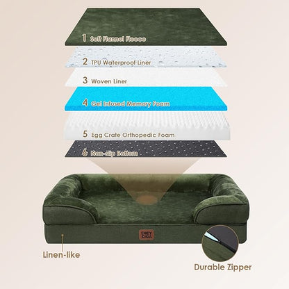 EHEYCIGA Orthopedic XL Dog Beds, Waterproof Memory Foam Dog Bed for Extra Large Dogs, Non-Slip Bottom and Egg-Crate Foam Big Pet Couch Bed with Washable Removable Cover, Dark Green