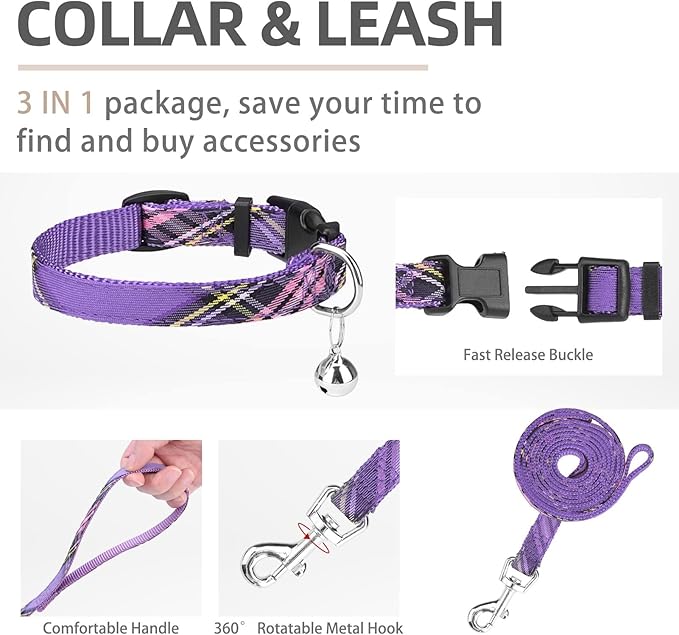 PUPTECK Adjustable Dog Harness Collar and Leash Set Step in No Pull Pet Harness for Small Medium Dogs Puppy and Cats Outdoor Walking Running, Soft Mesh Padded Reflective Vest Harnesses, Purple L