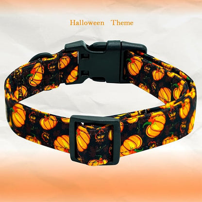 Elegant little tail Halloween Dog Collar, Pumpkin with Maple Leaf Print Fall Pet Collars Cotton Soft Sturdy Puppy Collars Holiday Female Adjustable Collar for Medium Dogs