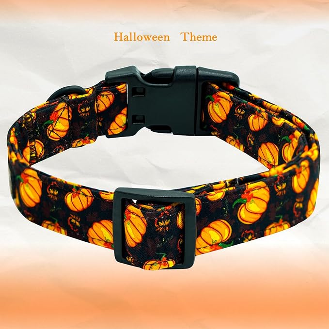 Elegant little tail Halloween Dog Collar, Pumpkin with Maple Leaf Print Fall Pet Collars Cotton Soft Sturdy Puppy Collars Holiday Female Adjustable Collar for Large Dogs