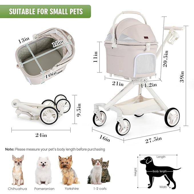 Beberoad Pets TT Lightweight Pet Stroller for Small Dogs & Cats - 4-Way Installation Carrier, One-Hand Fold, 180° Canopy Cover & Adjustable Handle (Beige)