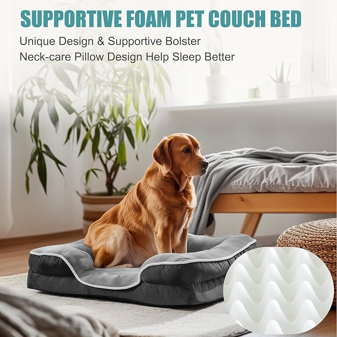 NEWBULIG 42x32 Inch Orthopedic Dog Bed Large Sized, Dog Couch/Sofa Bed with Washable Cover, Waterproof, Memory Foam, Soft Fluffy Surface