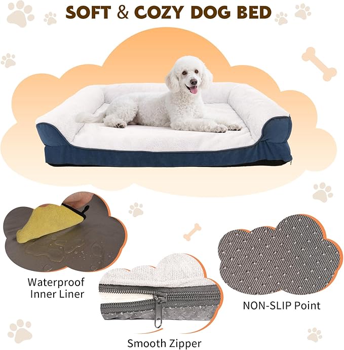 Orthopedic Dog Bed for Medium and Large Dogs Pet Bed with Sides Waterproof Dog Couch with Washable Removable Cover and Egg Crate Foam Pet Sleeping Mat with Anti-Slip Bottom