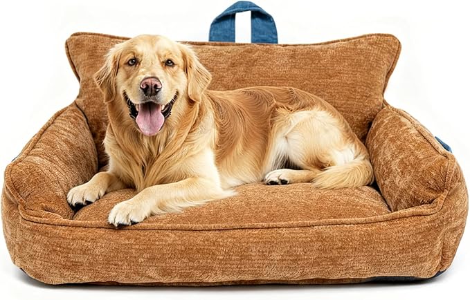 RAFASAFA Large Orthopedic Dog Sofa Bed with Sides, Carry Handle & Side Pockets .Plush Chenille Orthopedic Pet Bed Couch for Large Dogs.Portable Snuggler for Indoor Use, Travel & Recovery(Orange)