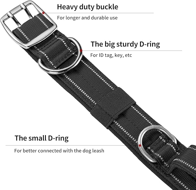 Annchwool Tactical Dog Collar for Medium and Large Dog,Adjustable Military Dog Collar with Soft Padded Handle,Heavy Duty Double Buckle Design(Black,M)