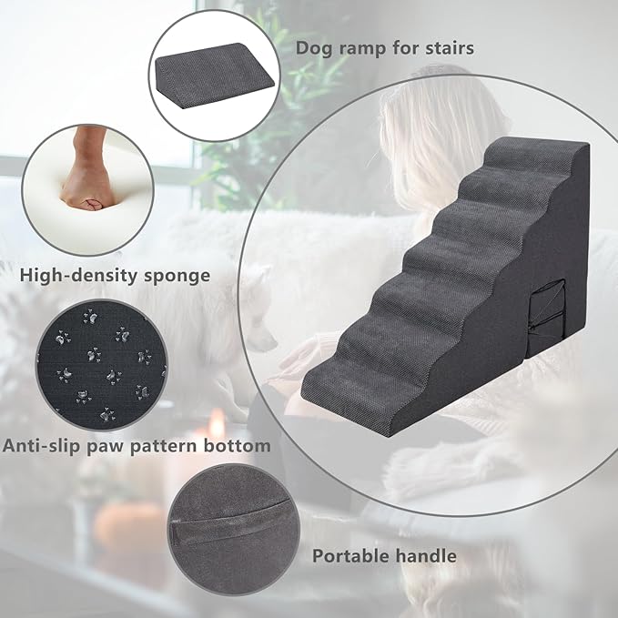 MALOROY Dog Stairs for High Beds 30-36 inches Tall, 7-Step Pet Stairs/Steps for Small Large Dogs, 30D Foam Pet Steps/Ramp/Ladder for High Bedsides, with 4pcs Dog Ramp for Stairs, Dark Grey