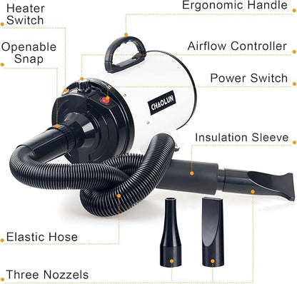 Dog Dryer for Pet Grooming, High Velocity Pet Hair Dryer with Heater, Adjustable Speed, 3 Nozzles and a Comb, White