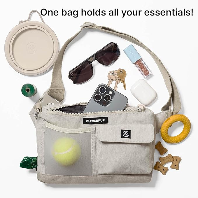 Cleverpup, Dog Walk & Train Sling Bag - Hands-Free 2-In-1 Treat Pouch, Poop Bag Holder, Clicker, Phone Pocket - Crossbody/Fanny Pack, Adjustable Strap - Sand