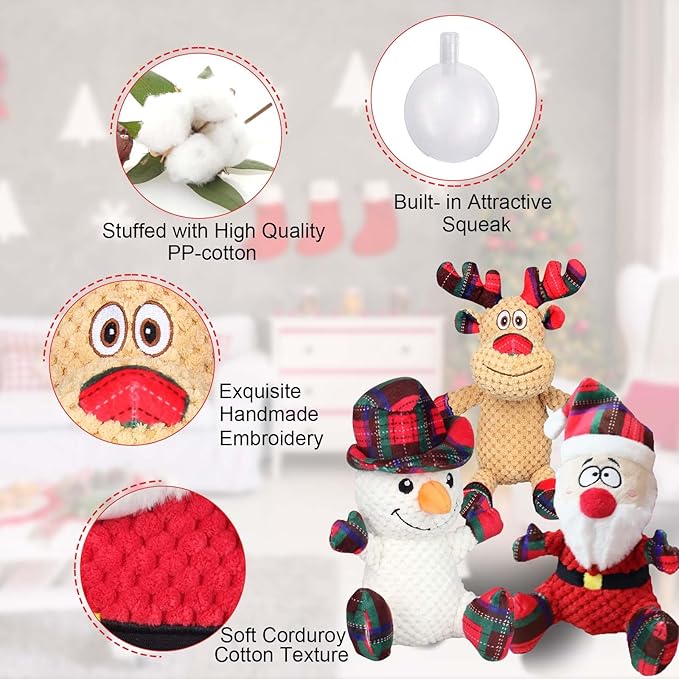 Dog Squeaker Toys, Plush Dog Toy with Squeaker, Cotton Material, Daily Entertainment & Relieve Anxiety, Chew Toy for Dogs, Not Water Resistant (Large, Christmas)