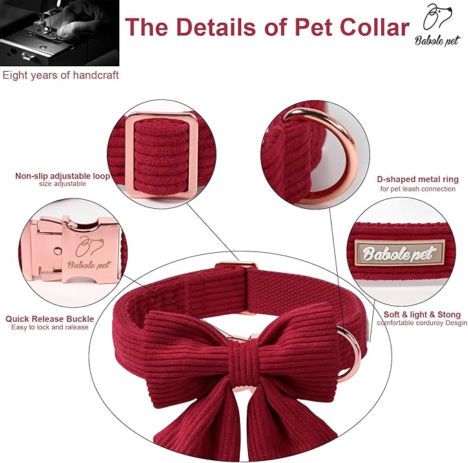 Corduroy Dog Collar with Laday Bow, Adjustable Heavy-Duty Dog Collars for Small Medium Large Dogs, Wine Red Winter Christmas Puppy Bowtie Collar L